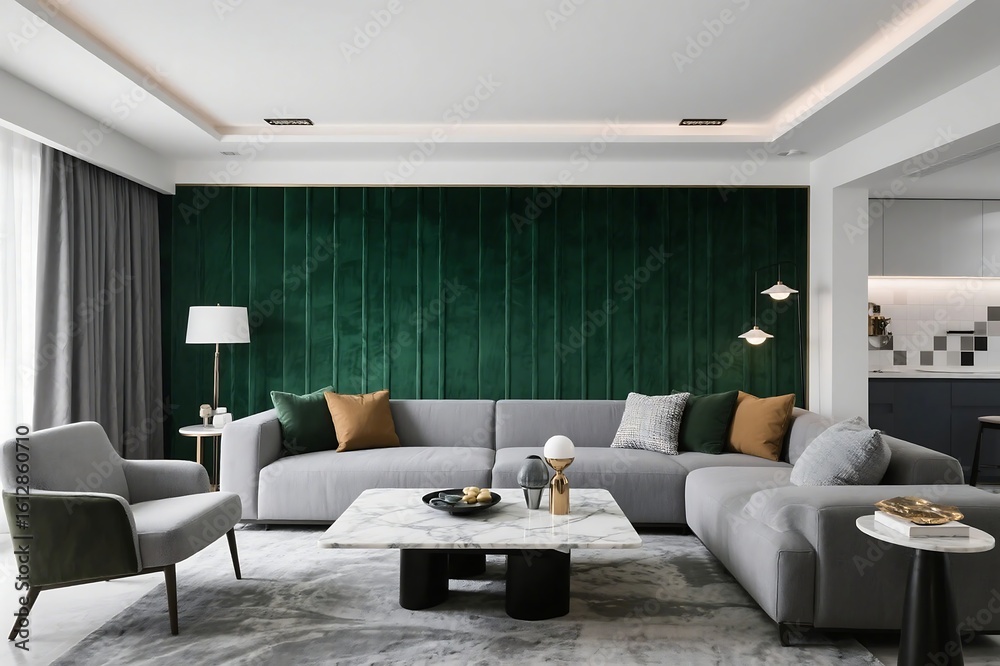 Fototapeta premium Contemporary lounge blends gray sofa with emerald accent wall, accented by marble table decor
