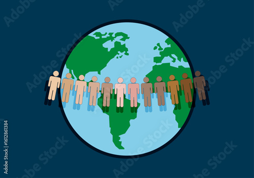 Planeta tierra con silueta de personas de diferentes etnias por la igualdad