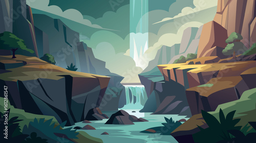Scenic waterfall cascading down rocky cliffs in a lush green valley during twilight