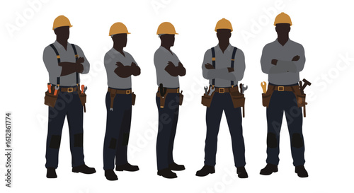 Construction Workers Standing with Arms Crossed Wearing Hard Hats and Tool Belts