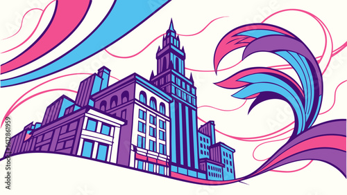 Cityscape illustration with abstract wave design vector art urban architecture and modern buildings art