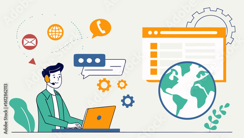 Customer support service global communication and worldwide assistance online vector illustration