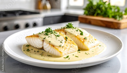 Two fish fillets with creamy sauce on a plate