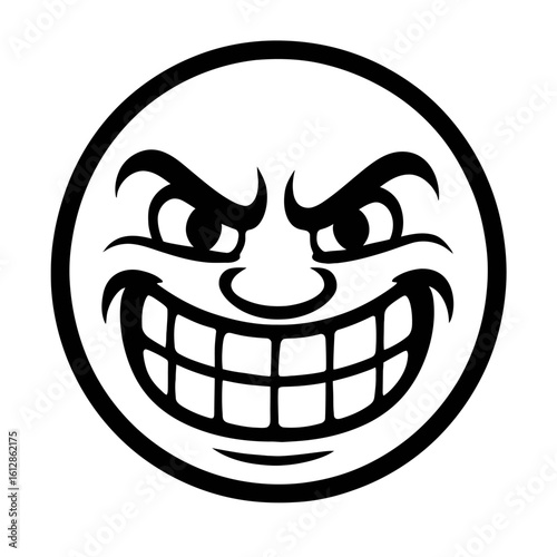 Black and White Grinning Face with Wide Evil Smile, Expressing Mischief and Cunning