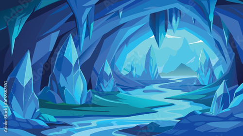 Majestic underground cave filled with shimmering crystals and a flowing river under a serene light