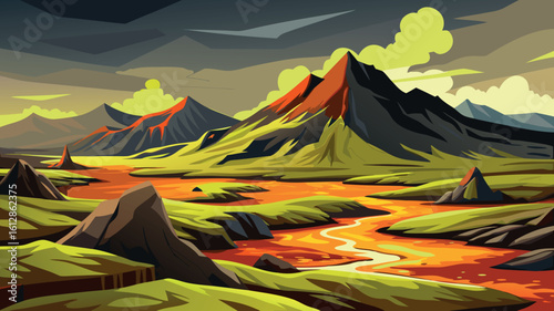Vibrant volcanic landscape with flowing lava river and dramatic mountains against a cloudy sky