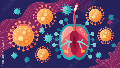 Illustration of the human lungs surrounded by various viruses highlighting respiratory health and immune response
