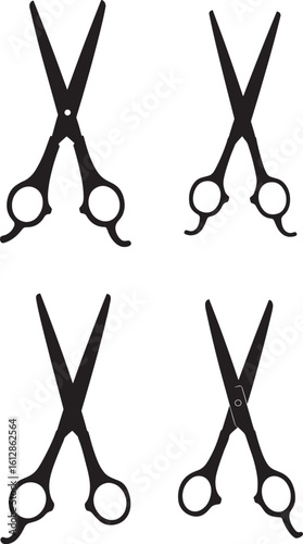 Four black scissors silhouette isolated on white background