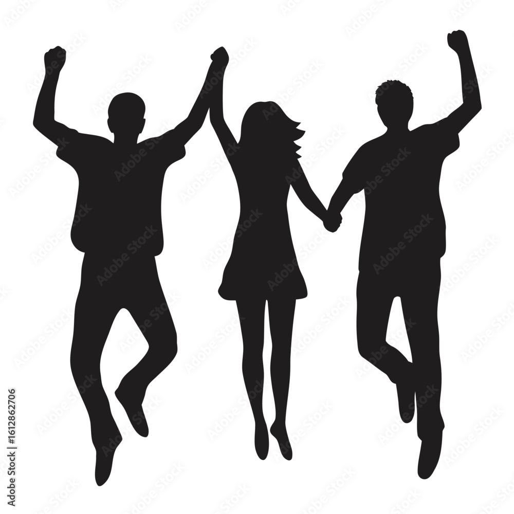 Fototapeta premium Dynamic Silhouettes of People Jumping with Exuberance Capturing Joyful Moments of Celebration and Movement in a Graphic Composition