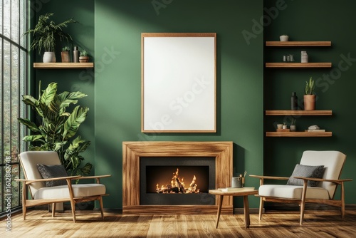 Living room with a fireplace and two white chairs. Blank poster mockup on green wall above fireplace with wooden shelves chairs and modern decor in a cozy living room, 3D Rendering.