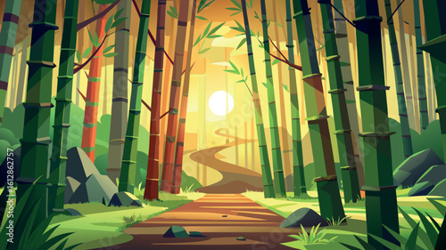 Sunset in a tranquil bamboo forest with a winding path and soft golden light filtering through the trees