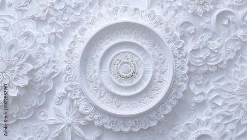 Intricate white floral patterns radiate outwards from a central ring, displaying layered details. Depth and texture create a visually tactile, elegant relief design