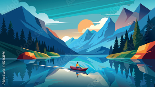 Scenic lake view with person rowing a boat in a picturesque mountain landscape during sunset hours