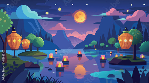 Scenic lakeside view under a starlit sky with glowing lanterns and floating lights at dusk