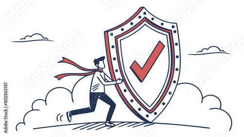 Man running with shield protection security safety assurance reliability trust defense guarantee concept