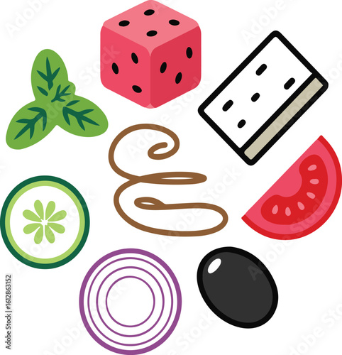 Summer Salad Ingredients Icons — Line Style Set of Watermelon Cube, Feta Slice, Mint Leaf, and Balsamic Drizzle