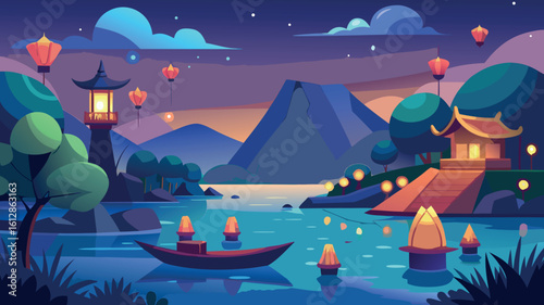Beautiful lantern-lit lakeside village at twilight with mountains and a traditional pagoda