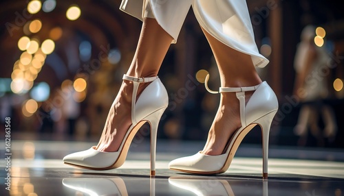 Woman's legs in white high heels walking on a shiny floor