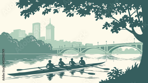 Rowing team on river cityscape background bridge and trees vector art illustration for sport and leisure design