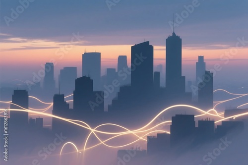 Abstract cityscape silhouette with glowing connection lines under a twilight sky, evoking urban dreams