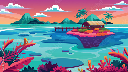 Vibrant island landscape at sunset featuring tropical vegetation and a cozy house on stilts