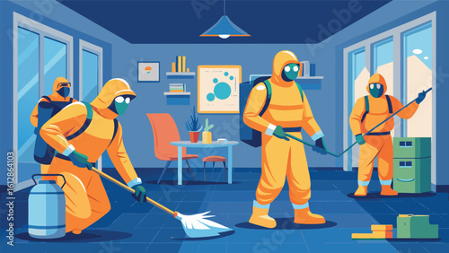 Workers in protective gear cleaning a room in a modern building during a routine decontamination process