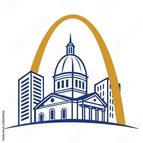 Cityscape features buildings with a large gold arch and blue structure visible in the foreground