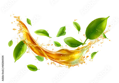 Dynamic splash of kombucha with swirling water and fresh leaves highlighting organic fermentation and natural ingredients isolated on a transparent background