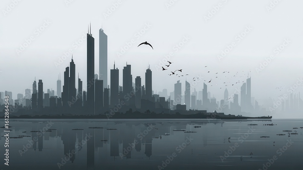 Naklejka premium City skyline reflected in a calm body of water.