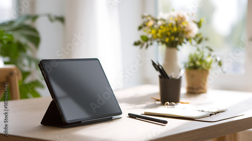 Wallpaper Mural A tablet and notebook are on a desk in a bright, modern workspace Torontodigital.ca