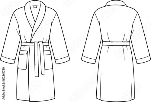Bathrobe technical fashion sketch, front and back view, line drawing, garment template, unisex robe, detailed apparel flat illustration