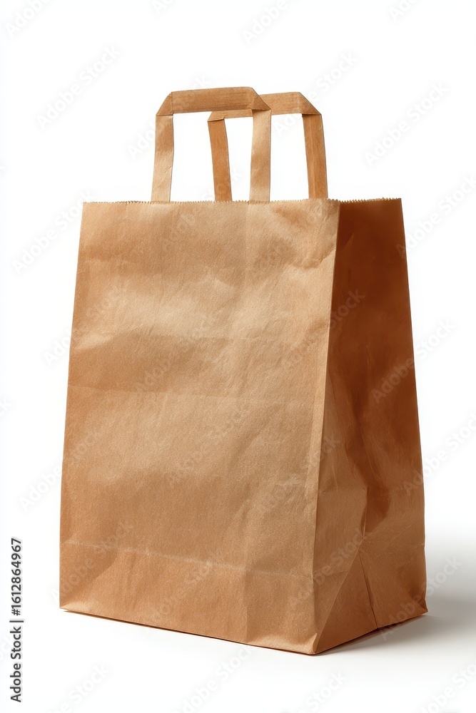 Carry Out Bag. Brown Paper Carrier Bag for Shopping with Free Foods and Reusing in Grocery Stores Carry Out Bag. Brown Paper Carrier Bag for Shopping with Free Foods and Reusing in Grocery Stores