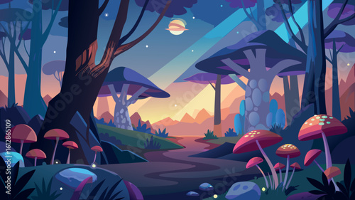 Colorful fantasy landscape featuring glowing mushrooms and tall trees under a starry sky at dusk