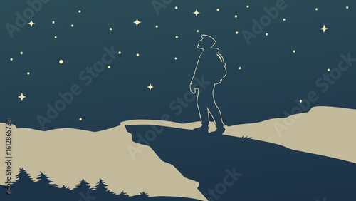Night sky stargazing hiking silhouette vector illustration outdoor adventure landscape exploring stars