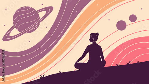 Woman meditating in space yoga and mindfulness with planet and stars peaceful zen illustration