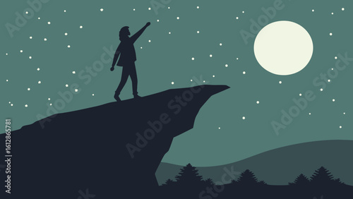 Man reaching for the moon on a cliff at night vector illustration landscape silhouette starry sky dream 100