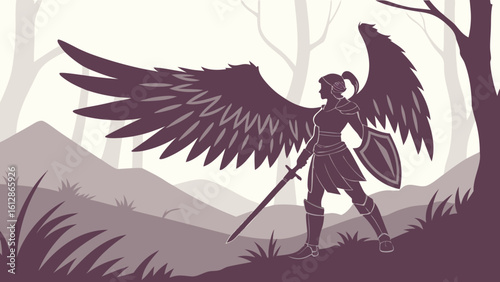 Angel warrior with wings sword and shield in forest fantasy art illustration design vector graphic