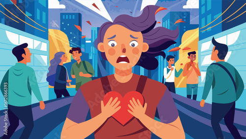 Emotional turmoil in a bustling city street captures feelings of heartbreak and solitude among crowds of people