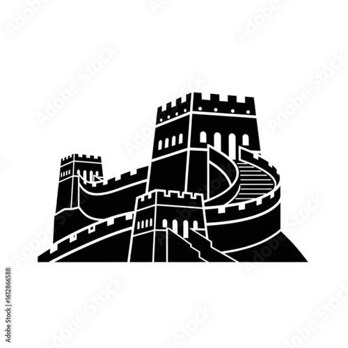 A bold black silhouette icon of the Great Wall, a symbol of Chinese history. This vector illustration shows the ancient fortification's iconic architecture.