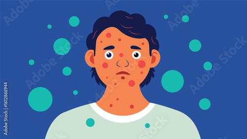 Young man with acne expression in a colorful abstract background reflecting feelings of insecurity and self-consciousness