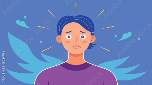 Illustration of a young man with a sad expression surrounded by blue wings and soft clouds, conveying feelings of sadness and introspection