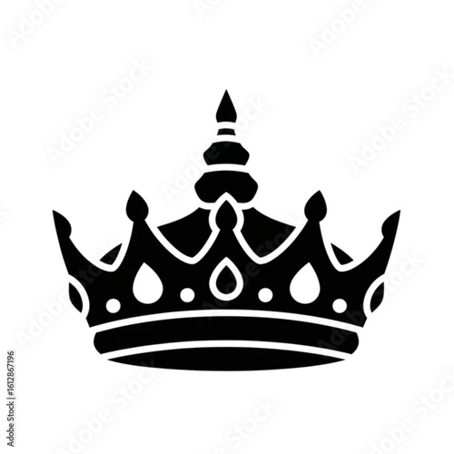 Elegant black crown glyph icon isolated on white. A monarch's diadem symbolizing royalty, nobility, and the supreme power of a kingdom.