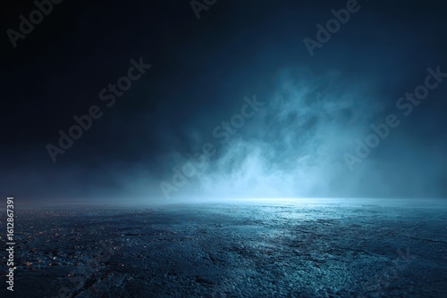 Eerie blue smoky night view from ground level with dark sky and misty atmosphere