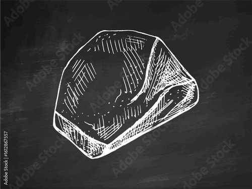 Hand drawn vintage sketch of irregular stone or mineral rock in chalk style on chalkboard background