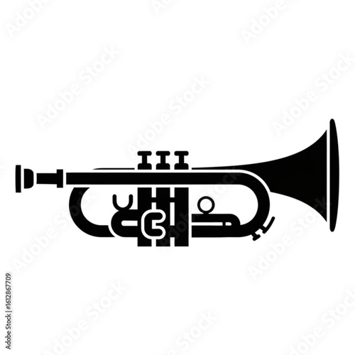 A classic trumpet silhouette, a brass musical instrument icon for jazz and orchestral music. Simple vector graphic design element.