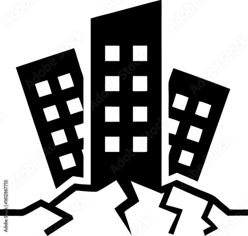 Minimalist Black Silhouette of Skyscrapers and Cracking Earth Symbolizing Catastrophic Seismic Devastation