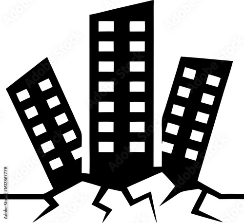 Dramatic Silhouette of Earthquake-Torn Skyscrapers Tilting Amid Destruction and Cracks in Stark Black and White