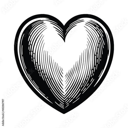 Vintage woodcut style heart illustration; black and white; romantic, classic design.