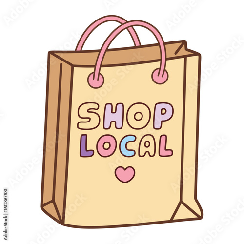 A tan shopping bag with pink handles displays Shop Local above a heart
