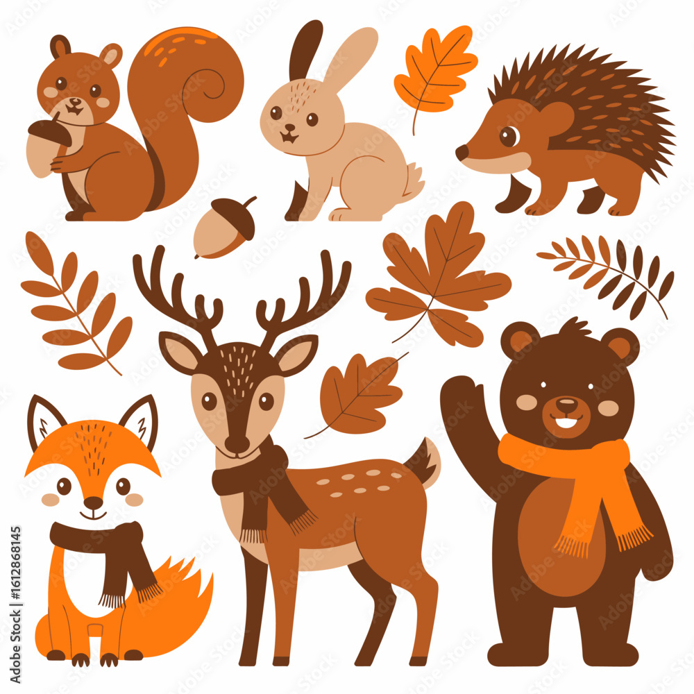 Fototapeta premium Cute Woodland Animals with Autumn Leaves Illustration